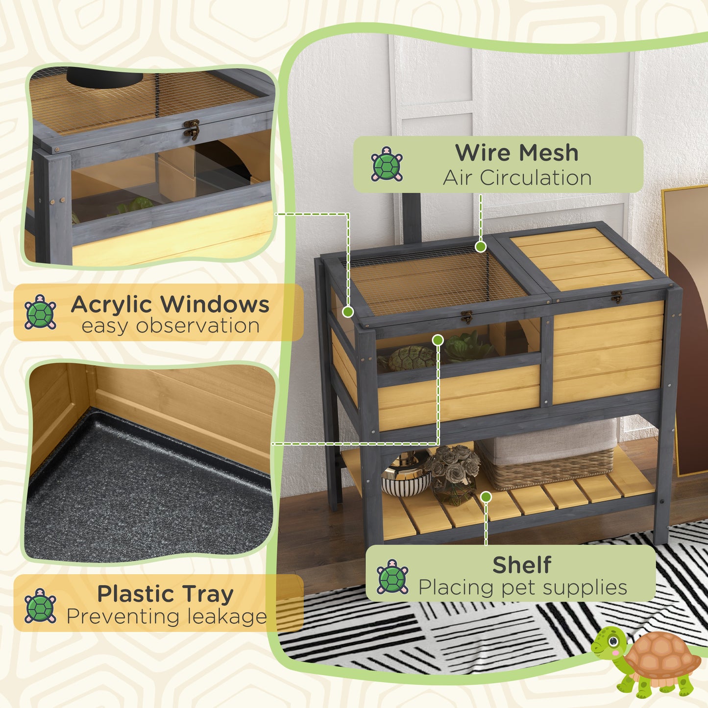 PawHut Tortoise Habitat with Shelf Storage, Tortoise Enclosure with Weather Protection, Tortoise Gift Accessory, Reptile Enclosure with Tray, Light Support Frame, Yellow