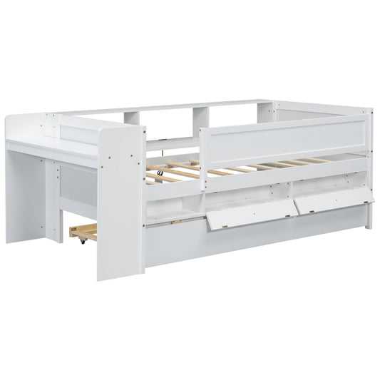 White Multi-Functional Twin Daybed with Drawers, Trundle, Headboard Storage, Study Desk, and USB Charging Station - Solid Pine and MDF