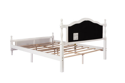 Queen Pine wooden Bed with Upholstered Headboard  and Panel Footboard, with  Two Bed Rail Support Feet and Central Platform Support Feet ,White