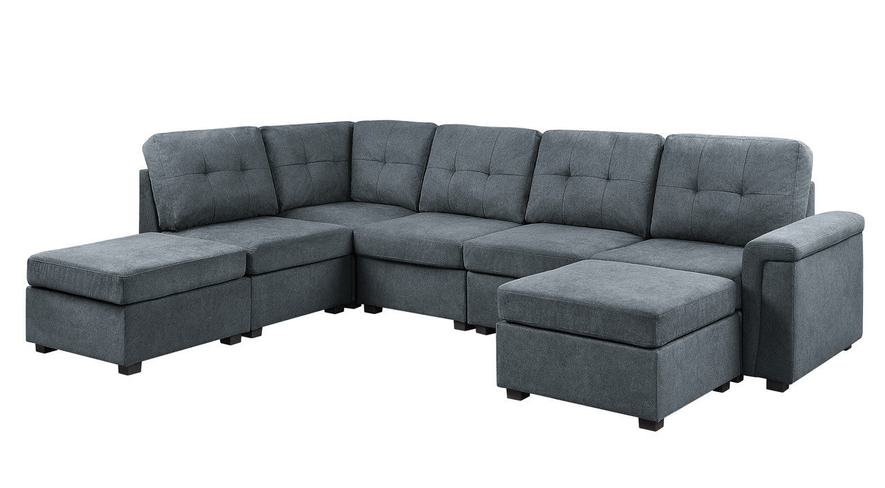 Isla 119" Gray Woven Fabric 7-Seater Sectional Sofa with Ottomans