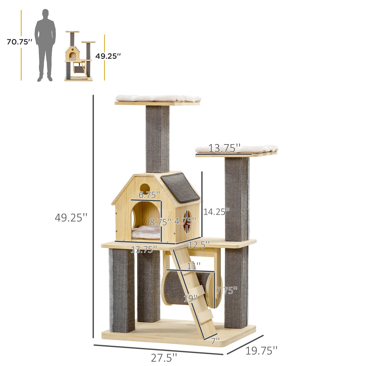 PawHut Cozy-House Cat Tree for Indoor Cats with Pillow-Covered Perches, Spinning Toy, Modern Climbing Activity Cat Tower with Scratching Posts, Cat Condo, Ladder, Natural