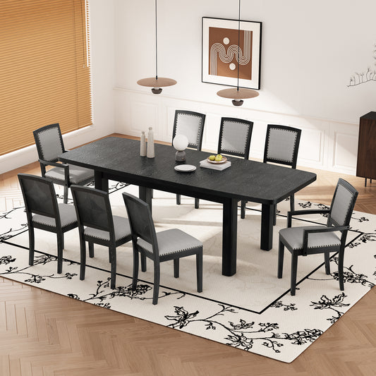 TOPMAX Rustic Extendable 84inch Dining Table Set with 24inch Removable Leaf , 6 Upholstered Armless Dining Chairs and 2 Padded Arm Chairs, 9 Pieces, Black