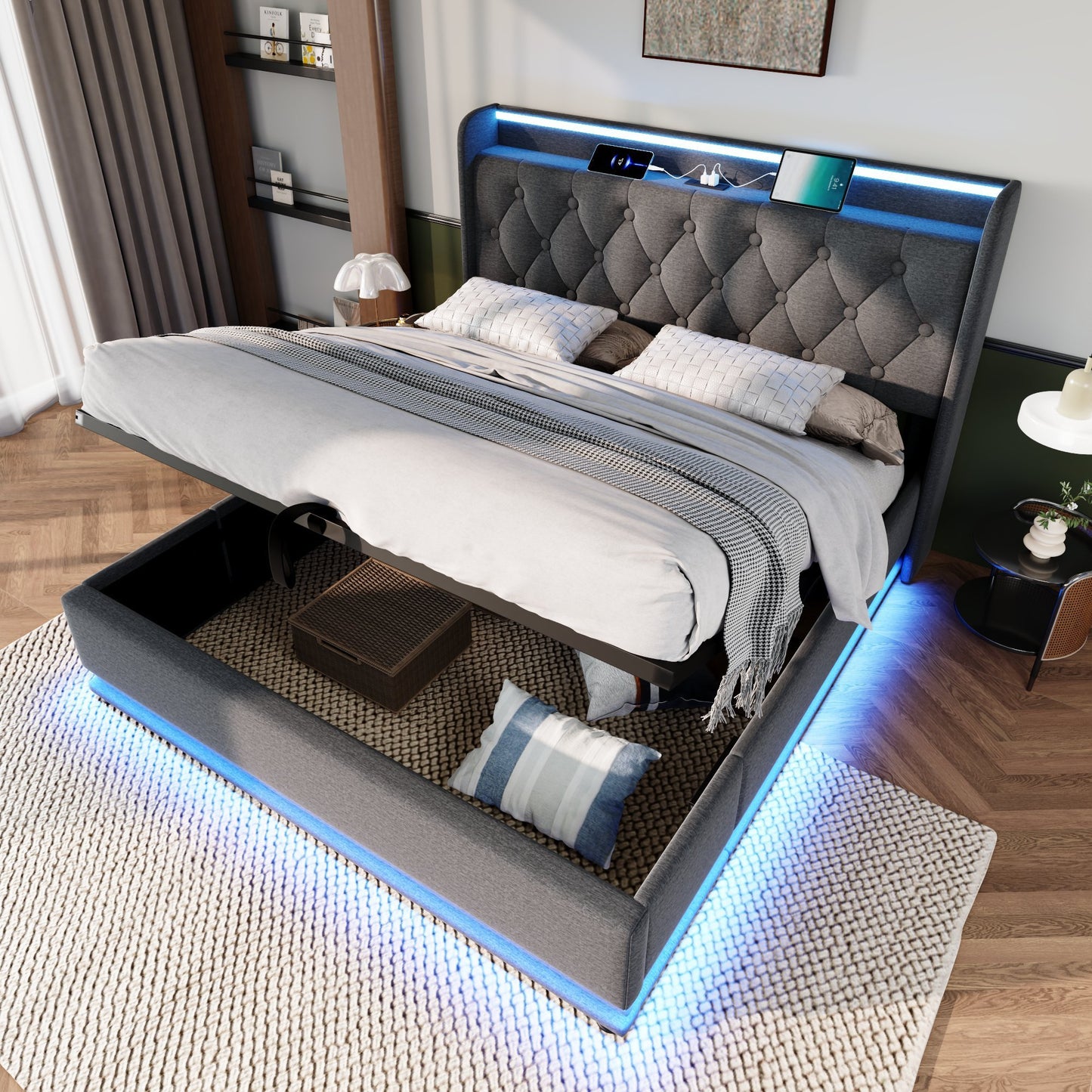 Full size Upholstered bed, 360 surround LED function, Buttons/Apps/Remote Control, hydraulic storage bed with USB Type-C charging, Gray,Linen (Without mattress)