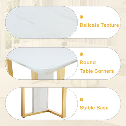 Table and chair set.67"x36" White marble pattern MDF Dining Table Set with 8 Black PU Chairs.MDF sticker,White marble pattern sticker,Gold C-tube chair legs,Suitable for kitchen,Dining room,etc.