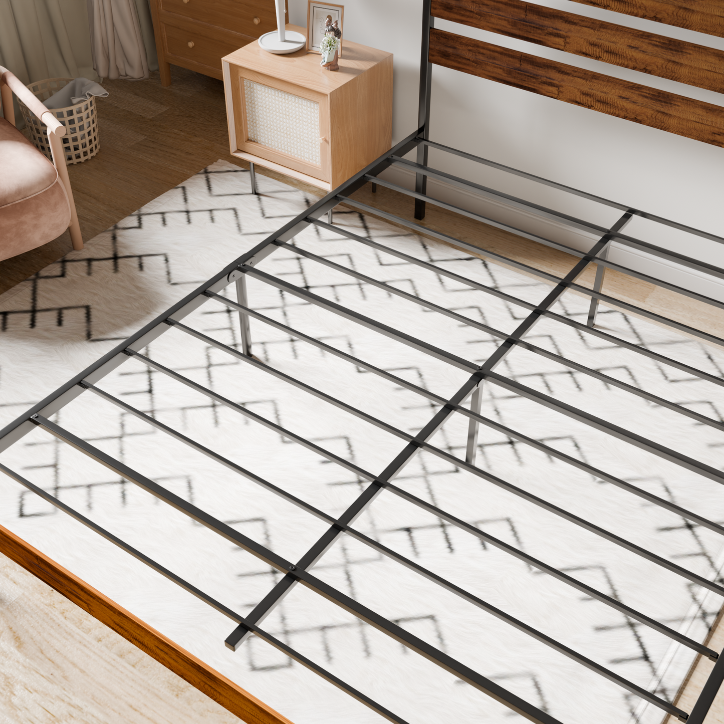 Iron Platform Bed Frame with Rustic Wood Headboard & Footboard (Queen Size) - Brown