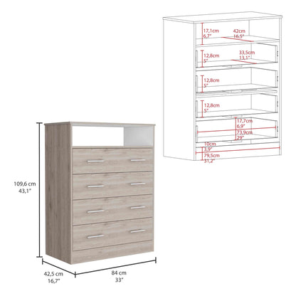 Peru L Four Drawer Dresser, Superior Top, One Open Shelf -Light Gray / White