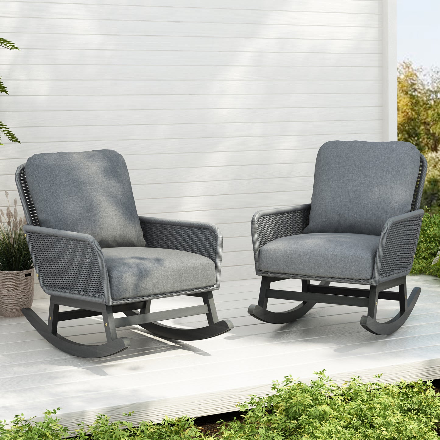 [Set of 2] Contemporary Minimalist Gray Wicker Rocking Chair with Soft Polyester Cushions and Durable Wooden Frame, Perfect for Indoor and Outdoor Spaces like Patio, Balcony, or Living Room
