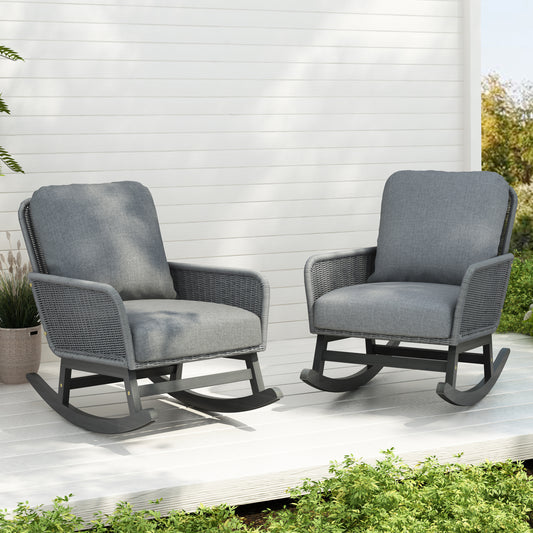 [Set of 2] Contemporary Minimalist Gray Wicker Rocking Chair with Soft Polyester Cushions and Durable Wooden Frame, Perfect for Indoor and Outdoor Spaces like Patio, Balcony, or Living Room