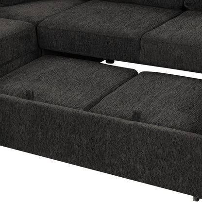 108.6" U-shaped Sectional Sofa Pull out Sofa Bed with Two USB Ports, Two Power Sockets, Three Back Pillows and a Storage Chaise for Living Room, Black