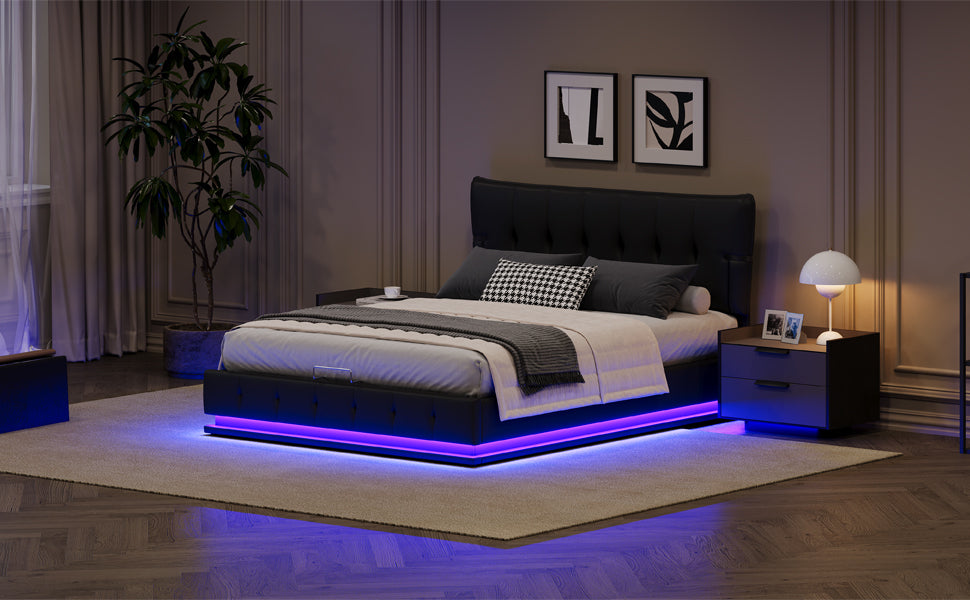 Upholstered Platform Queen Size Hydraulic Storage Bed, Lift Up Storage Bed with RGB LED Light, PU Leather Headboard and Footboard, No Box Spring Needed, Black