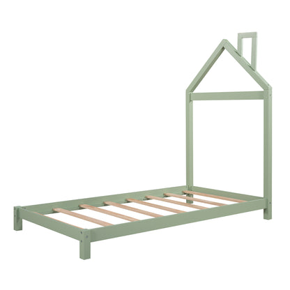 Twin Size Wood Platform Bed with House-shaped Headboard  (Green)