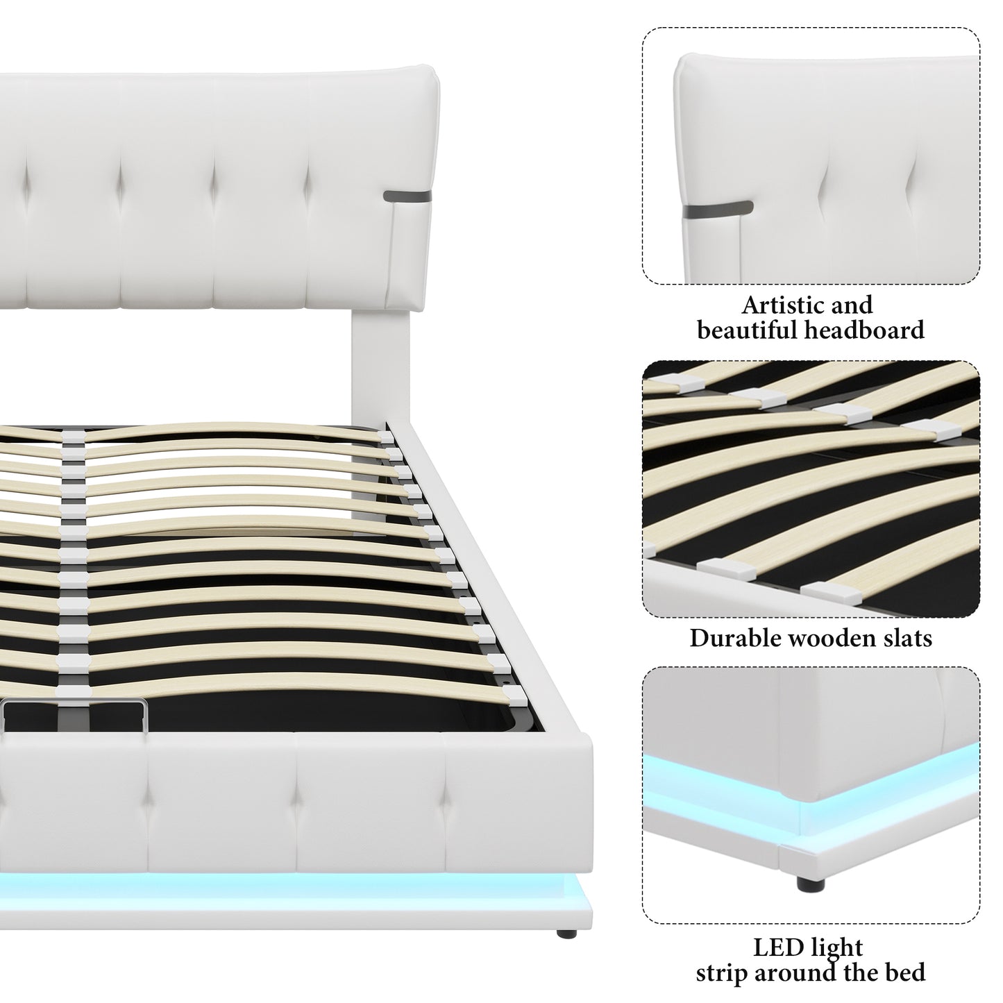 Upholstered Platform Queen Size Hydraulic Storage Bed, Lift Up Storage Bed with RGB LED Light, PU Leather Headboard and Footboard, No Box Spring Needed, White