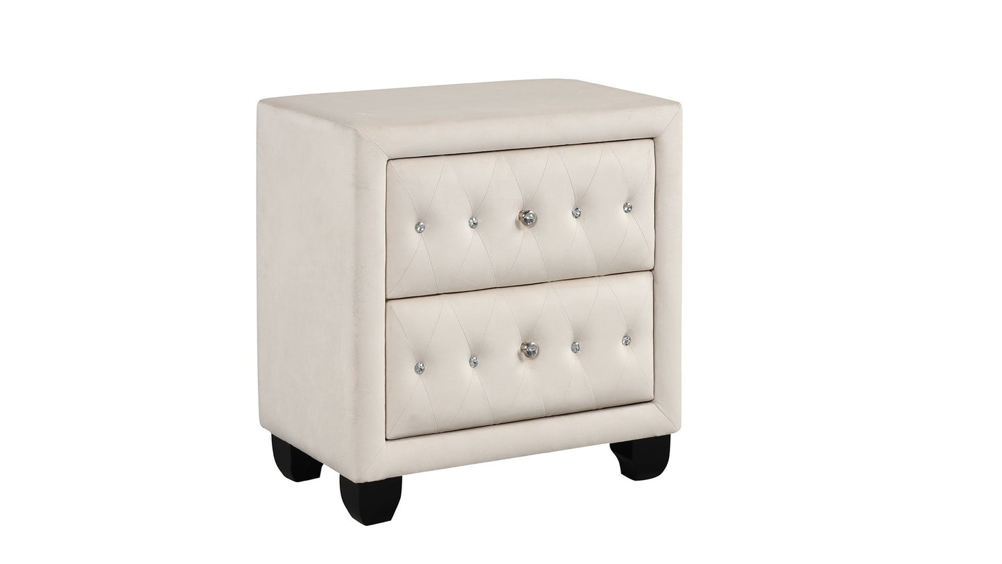 Modern Style Crystal Tufted 2-Drawer Nightstand Upholstered with Velvet Fabric Made with Wood in Cream