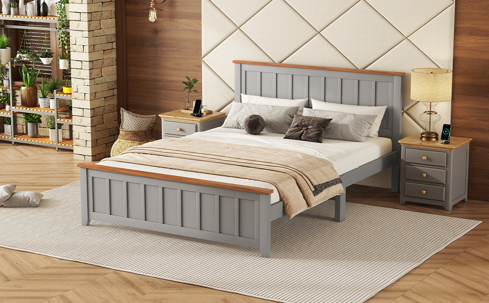 Queen Size Wood Platform Bed Wooden Slat Support, Vintage Simple Bed Frame with Rectangular Headboard and Footboard, Grey