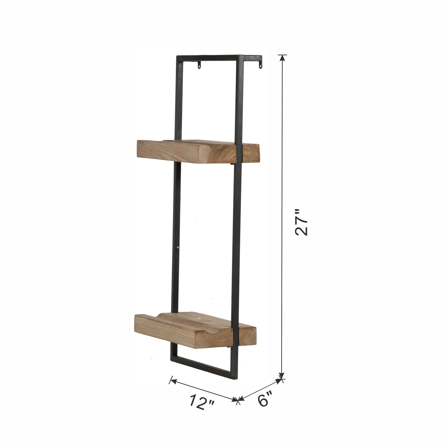 12x6x27" Iron and Wood Wall Shelf With Two Shelves
