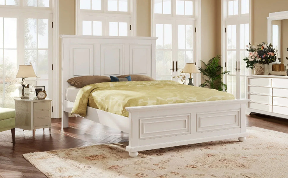 Traditional Town and Country Style Pinewood Vintage King Bed, White