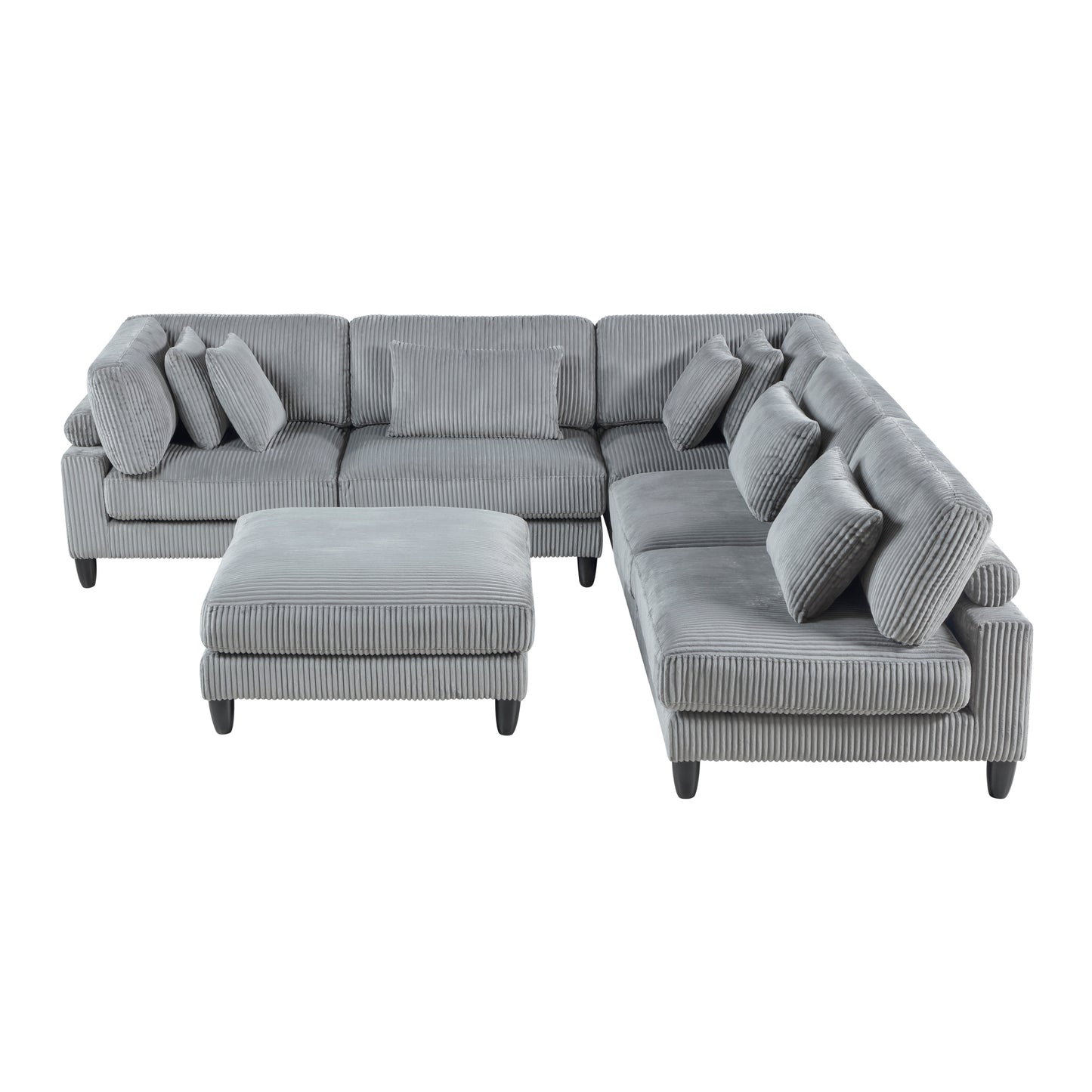 6pc Modular Sectional Set Gray Corduroy Upholstery 3x Armless Chairs 2x Corner Seats 1x Ottoman Pillows Living Room Furniture
