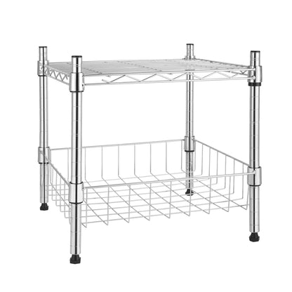 Heavy Duty Shelving Unit, Wire Metal Stackable Storage, 1-Tier Shelf, with Basket, Chrome, 15" W x 13.8" D x 15" H