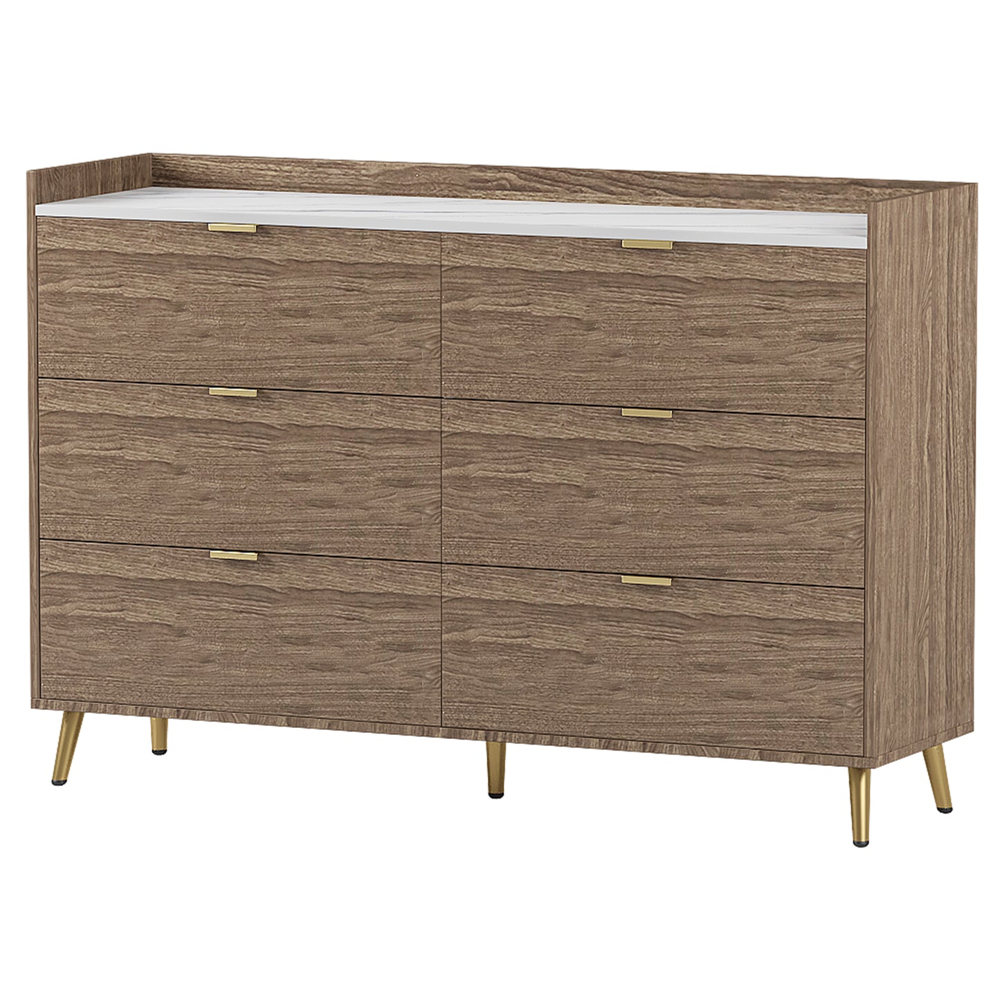 55" Long 6 Drawer Dresser with Marbling Worktop, Mordern Storage Cabinet with Metal Leg and Handle for Bedroom,Walnut