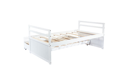 Twin Size Bed with Headboard, Footboard, Trundle and Three Storage Drawers, Twin Size Pine Wood Bed with Headboard, Footboard,White