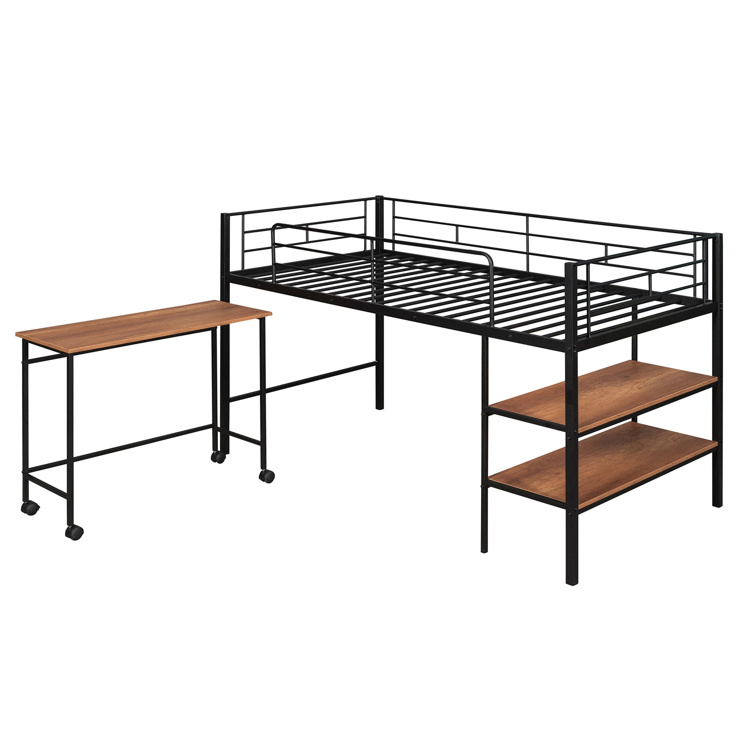 Twin Size Metal Loft Bed with Desk and Shelves,Black