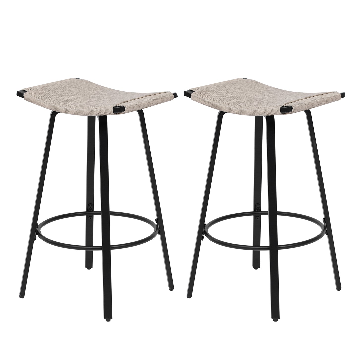 Counter Height Bar Stools Backless Handwoven Kitchen Dining Chairs with Round Footrest Set of 2 PVC Weaving Pub Stool Black & Creamy White