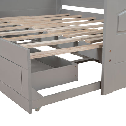 Wooden Daybed with Trundle Bed and Two Storage Drawers , Extendable Bed Daybed,Sofa Bed with Two Drawers, Gray