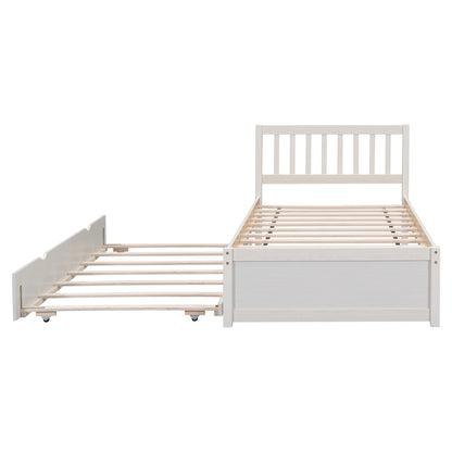 Wooden Twin Size Platform Bed Frame with Trundle for White Washed Color