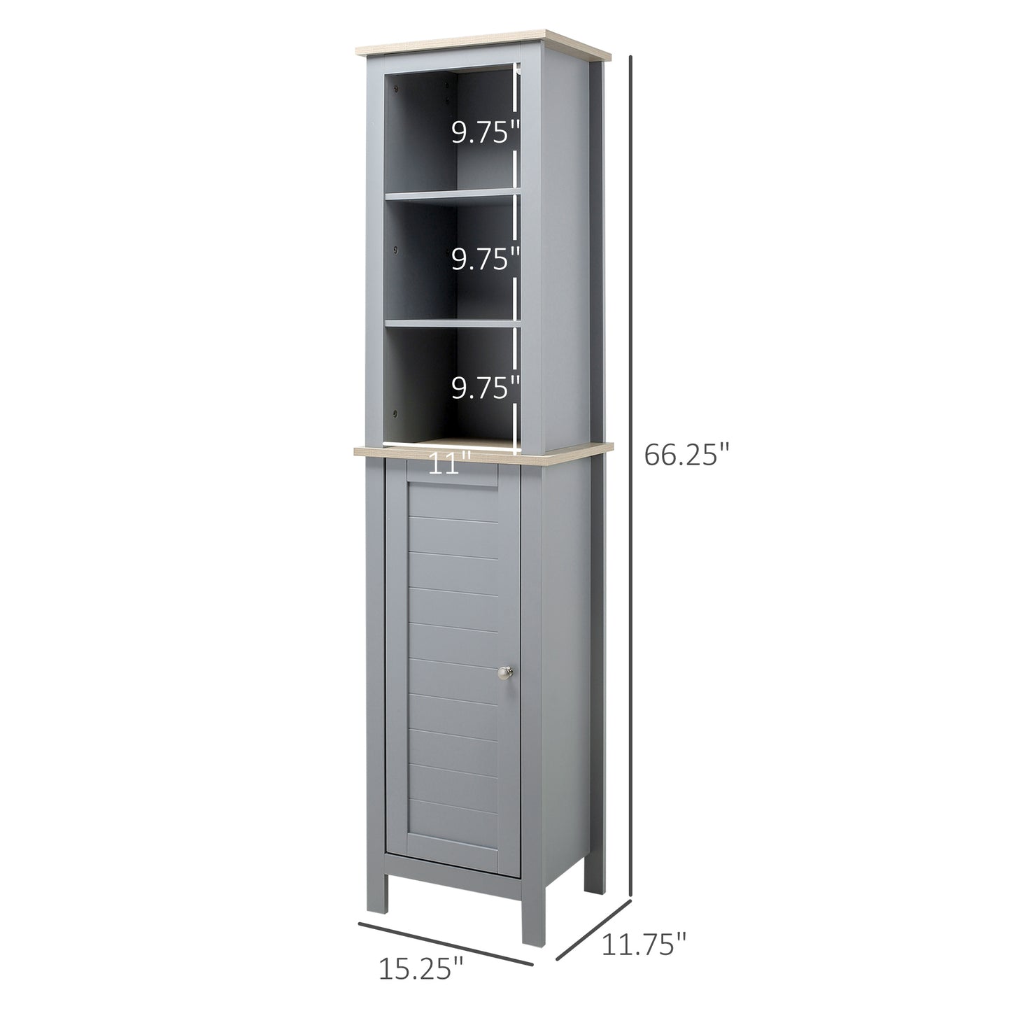 kleankin Tall Bathroom Storage Cabinet with 3 Tier Shelf, Door, Free Standing Linen Tower, Slim Side Organizer, Grey