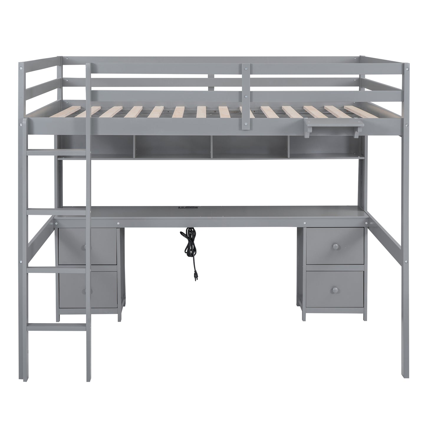 Gray Full Size Loft Bed with Desk, Cabinets, Drawers, Bedside Tray, Charging Station, Pine Wood+MDF