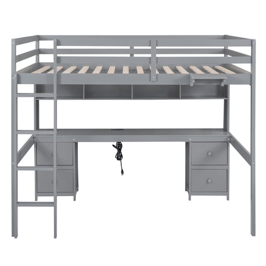 Gray Full Size Loft Bed with Desk, Cabinets, Drawers, Bedside Tray, Charging Station, Pine Wood+MDF