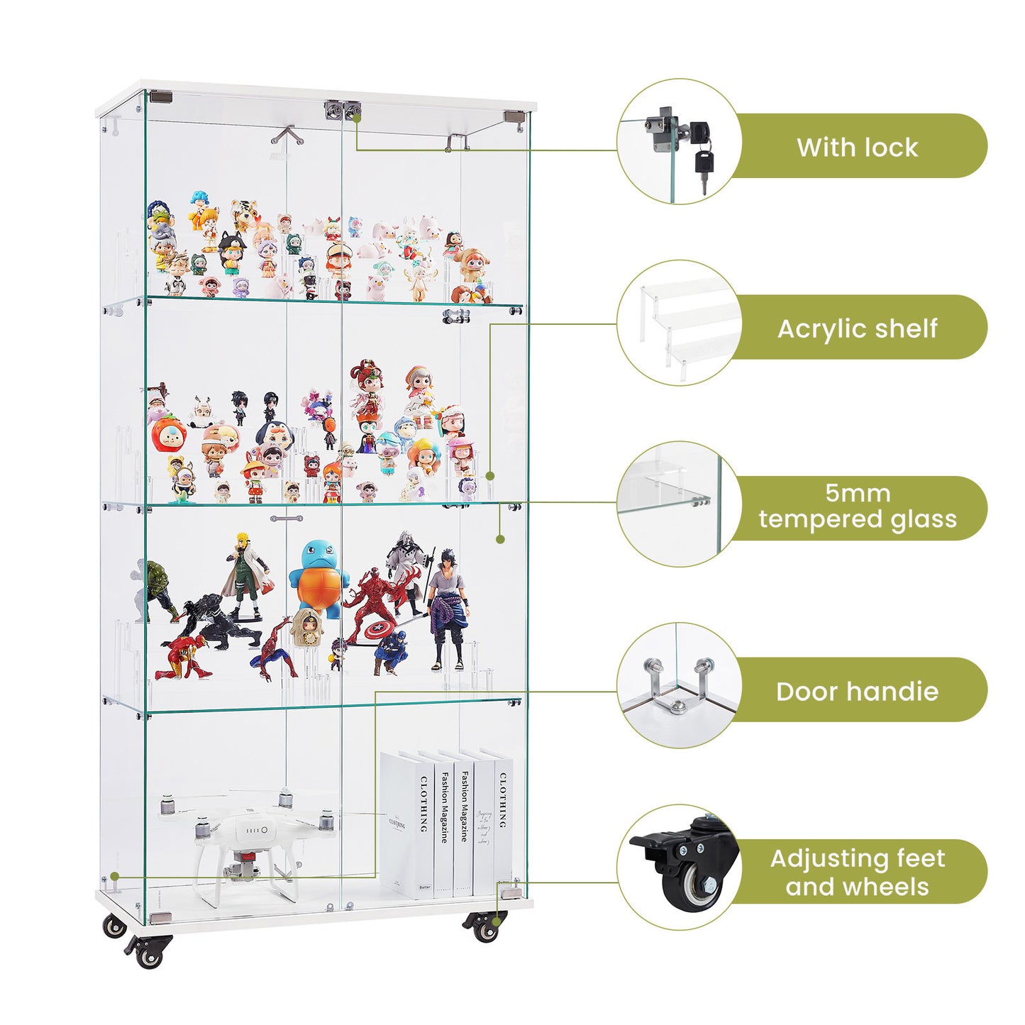 4 Tier Glass Display Cabinet, Double Door Glass Cabinet with Two Locks, Floor Standing Storage Cabinet with 6 Acrylic Shelves for Living Room, Bedroom and Office, White, 31.5"L x 14.2"W x 65.1"H