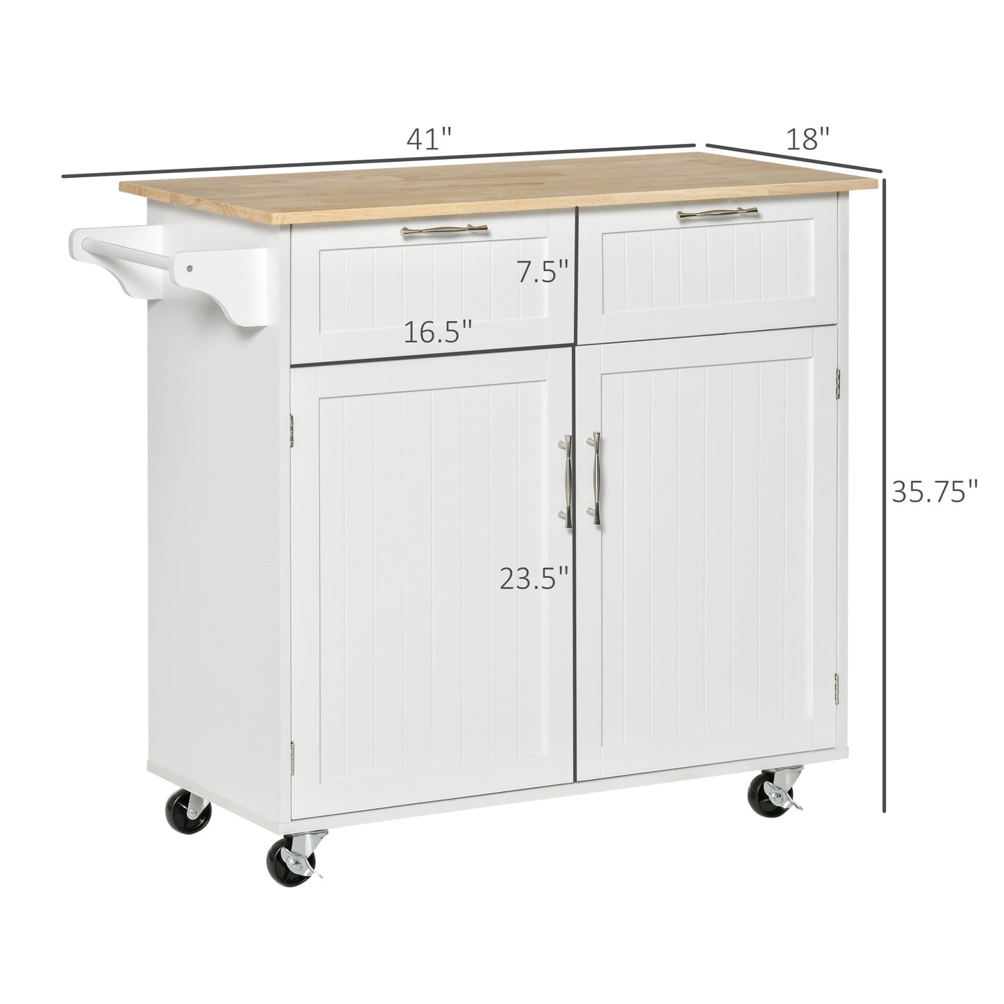 HOMCOM 41" Modern Rolling Kitchen Island on Wheels, Utility Cart Storage Trolley with Rubberwood Top & Drawers, White