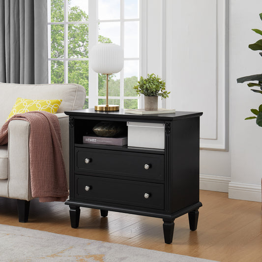 Open Space and 2 Drawers Dresser Nightstand with Charging Station, Farmhouse End Table with USB Ports and Outlets, Fluted Pilasters Design Side Table with Solid Wood Legs for Bedroom