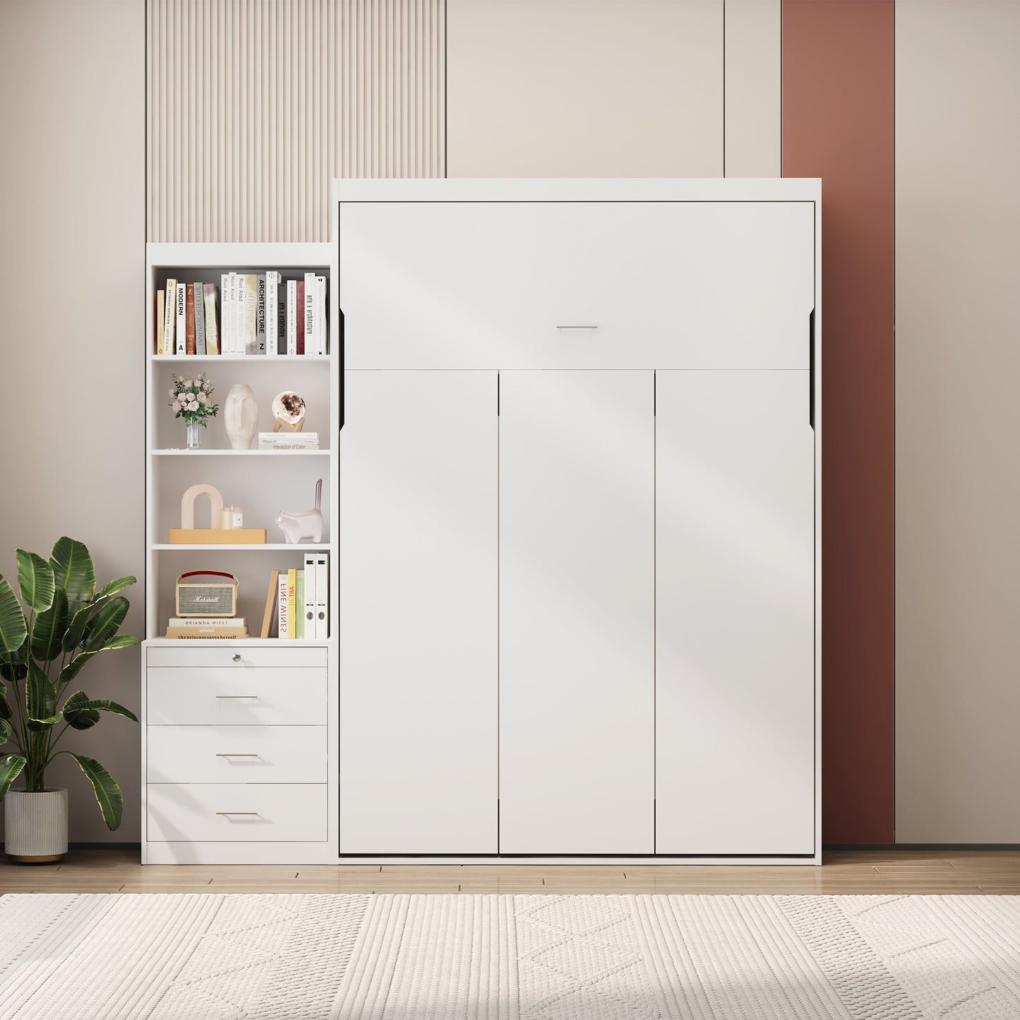 Full Size Vertical Murphy Bed with Shelf and Drawers for Bedroom or Guestroom White Wall Bed Space Saving Hidden Bed, updated Gas Strut design.