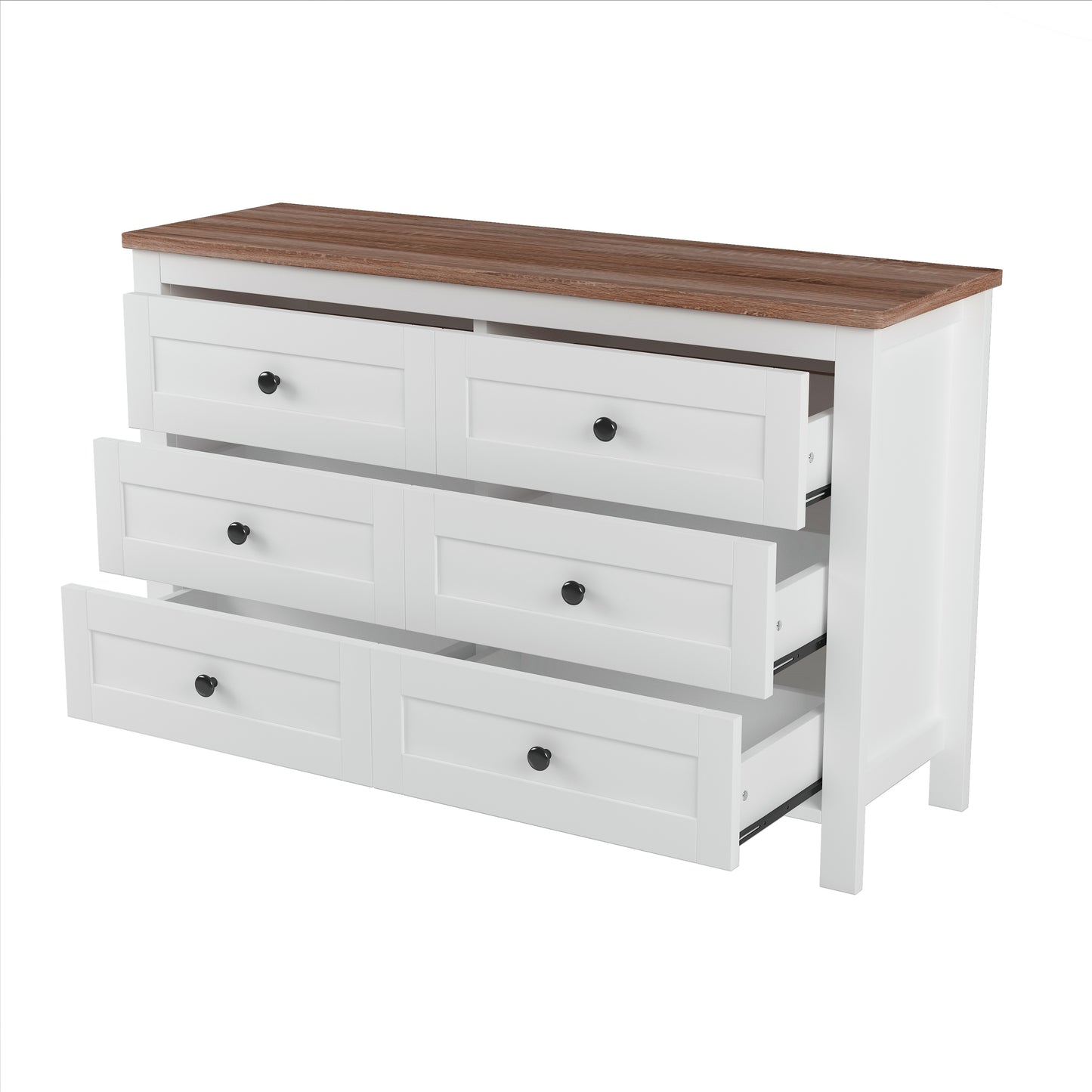 Retro Farmhouse Style Wooden Dresser with 6 Drawer, Storage Cabinet for Bedroom, White+Brown