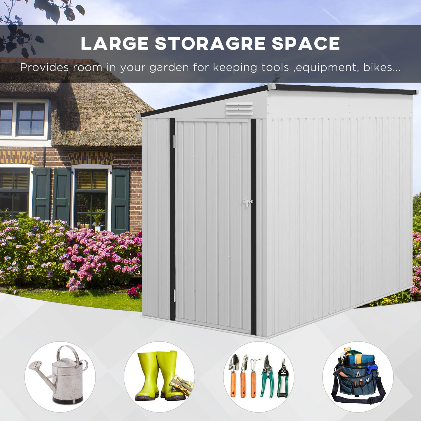 Outsunny 4' x 7.7' Metal Outdoor Storage Shed, Lean to Storage Shed, Garden Tool Storage House with Lockable Door and 2 Air Vents for Backyard, Patio, Lawn, White