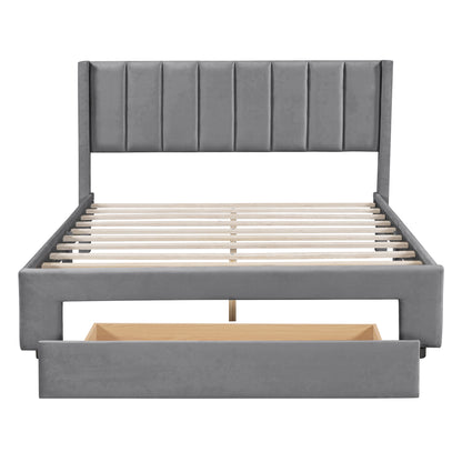 Queen Size Storage Bed Velvet Upholstered Platform Bed with a Big Drawer - Gray(old sku:WF296854AAE)