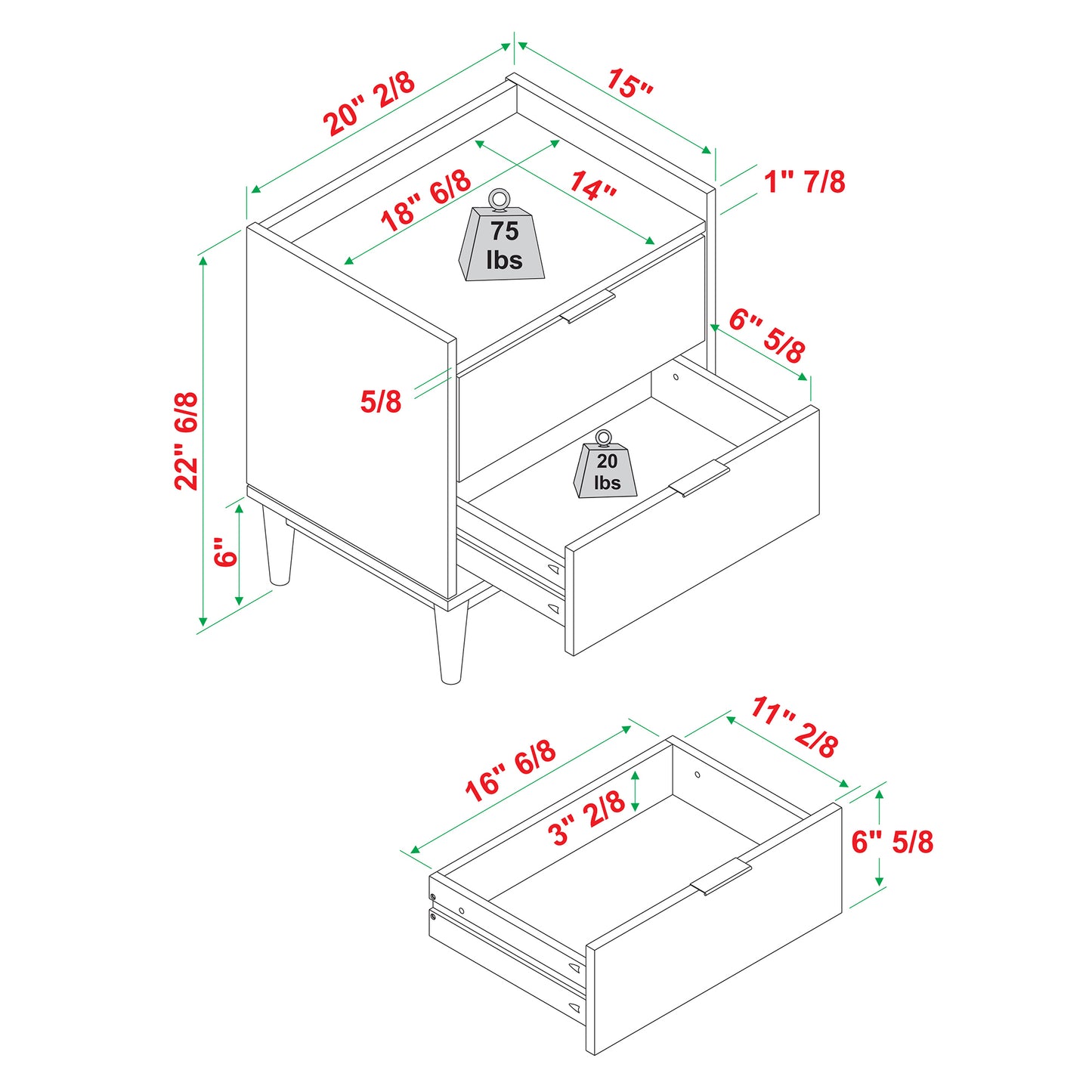 Mid-Century Modern 2-Drawer Solid Wood Nightstand – Black