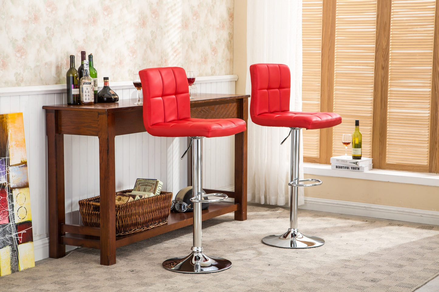 Swivel Faux Leather Adjustable Hydraulic Bar Stool, Set of 2, Red