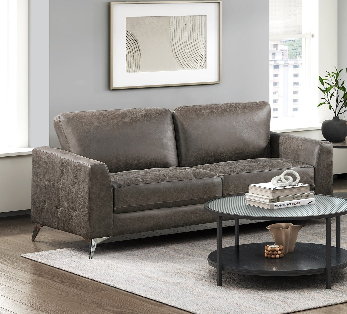 Elegant Modern Style 2pc Sofa Set Brownish Gray Polished Microfiber Upholstery Sofa Loveseat Set Solid Wood Living Room Furniture Silver Finish Metal Legs