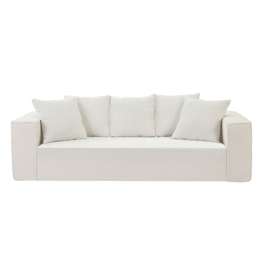 88.97inch Corduroy Sofa with 5 Matching Toss Pillows, Sleek Design, Spacious and Comfortable 3 Seater Couch for Modern Living Room.WHITE