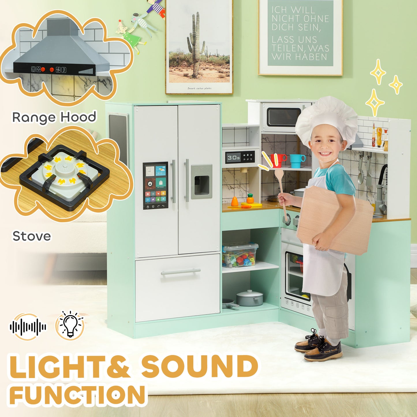 Qaba Play Kitchen, Corner Kids Kitchen Playset with Chalkboard, Range Hood, Ice Maker, Stove, Refrigerator Microwave, Realistic Sound & Lights, Pots, Gift for Toddlers Ages 3+ Years Old