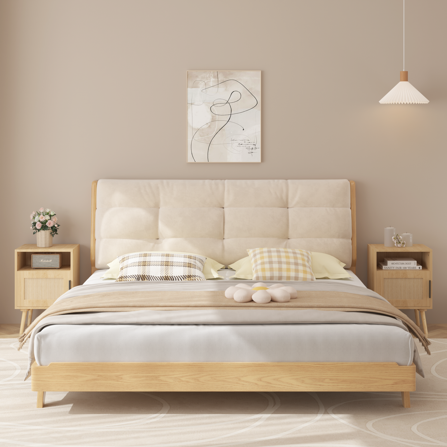 22.83'' H Rattan Nightstand, Side Table with Door Open Shelf,  Accent Bedside End Table with Solid Wood Legs for Bedroom, Dorm and Small Spaces, Oak