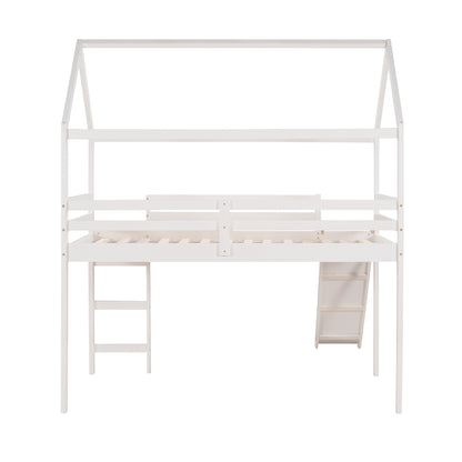 Twin Loft Bed with Slide, House Bed with Slide,White(OLD SKU :WF286245AAK)