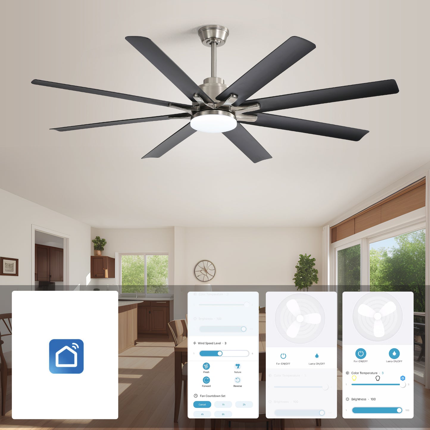 66 Inch Large Ceiling Fan With Dimmable Led Light 8 ABS Blades Smart Remote Control Reversible DC Motor For Living Room