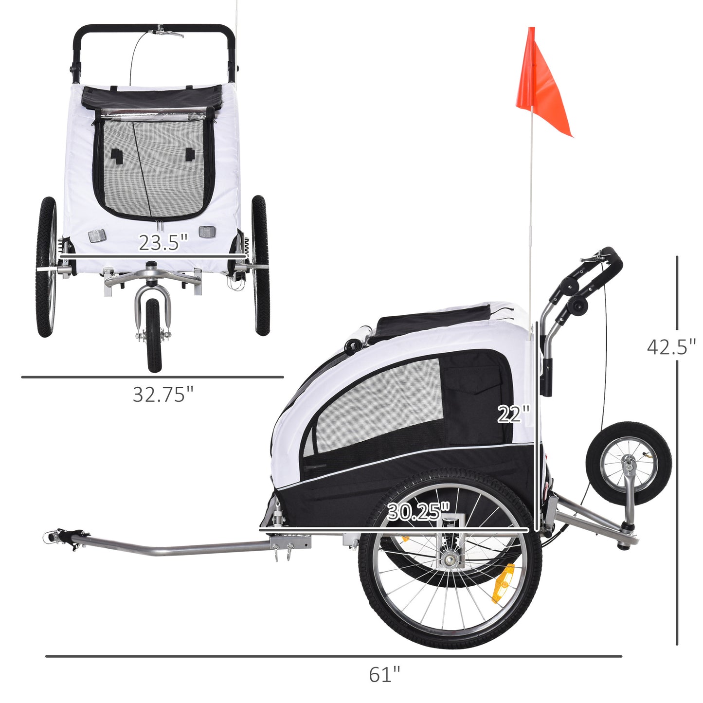 Aosom Dog Bike Trailer 2-In-1 Pet Stroller with Canopy and Storage Pockets, White