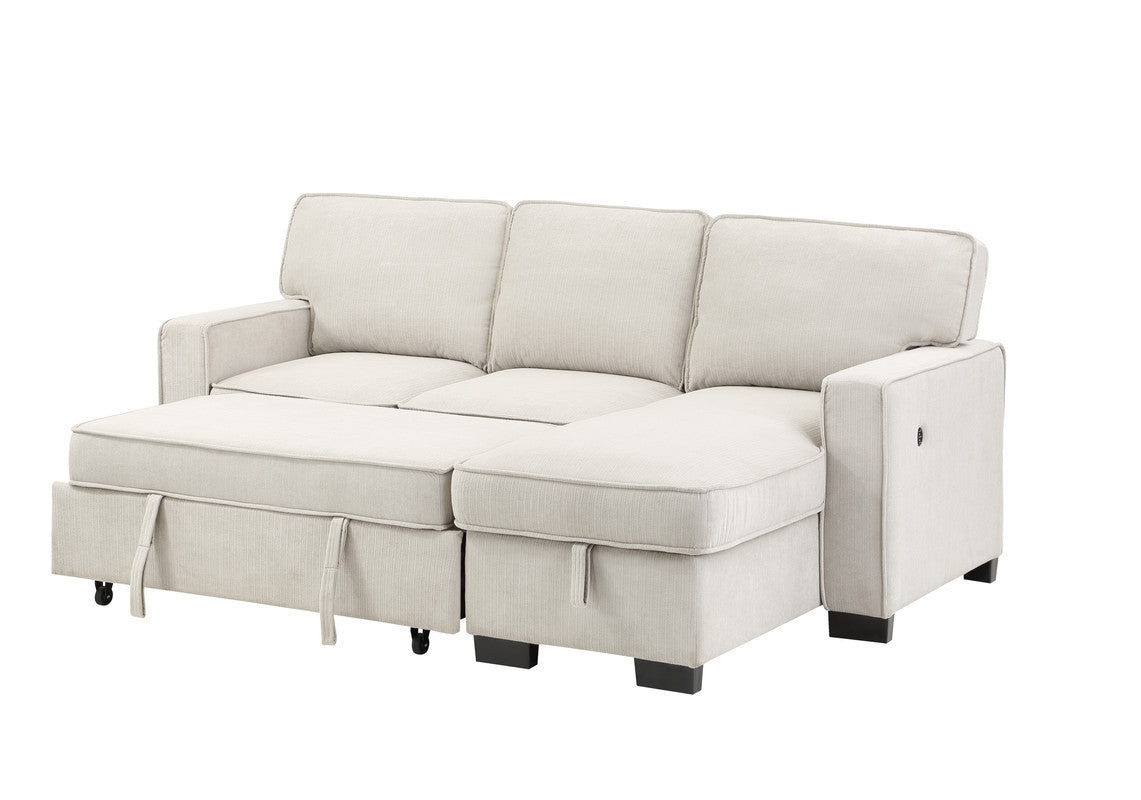 Estelle 86.5" Beige Fabric Reversible Sleeper Sectional with Storage Chaise Drop-Down Table 2 Cup Holders and 2USB Ports