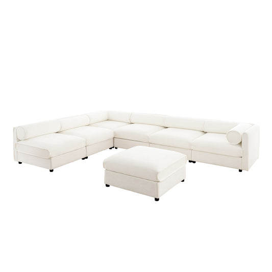 Modern 6-Piece Modular Sectional Sofa with Storage in Soft White Chenille Fabric, Contemporary Cylindrical Design