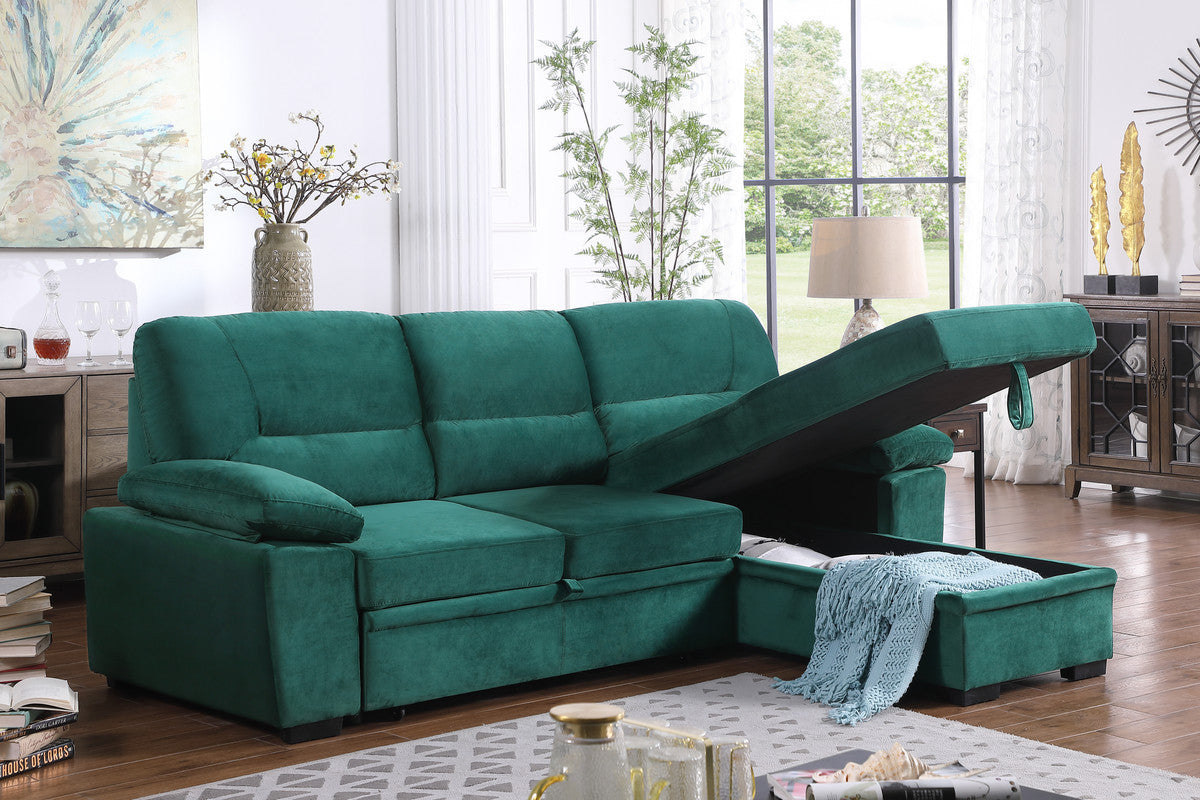 Kipling 97.5" Green Velvet Fabric Reversible Sleeper Sectional Sofa Chaise